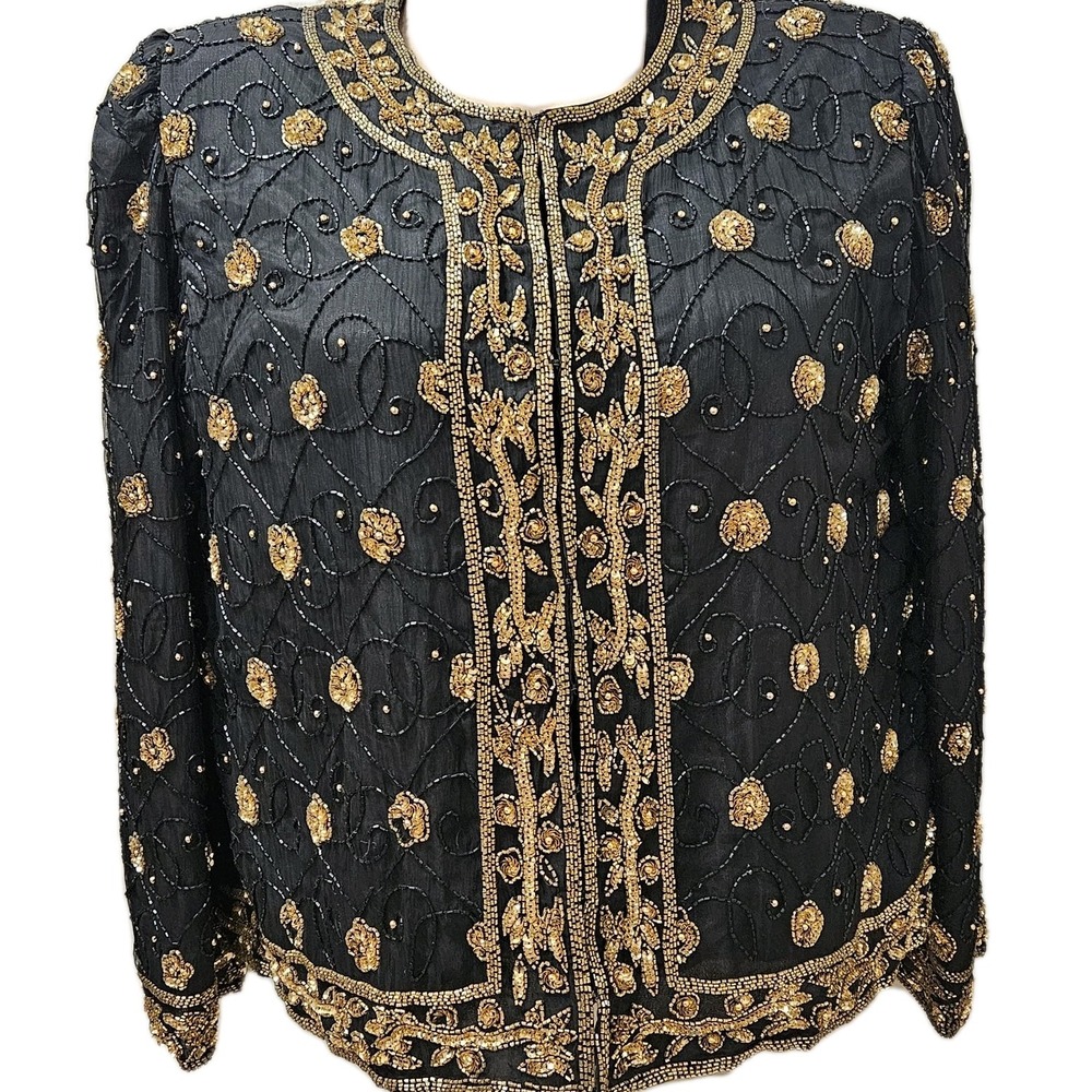 VTG Mark & John by Gopal Silk Beaded Sequin Jacket Black Gold Floral Plus 2X